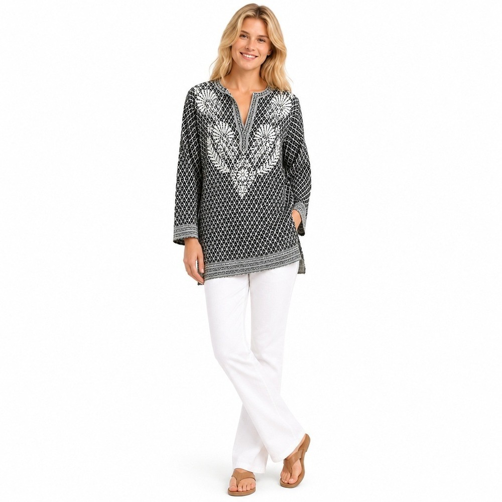 Gretchen Scott Tunic Womens Small Black Cream Geometric Embroidered V-Neck Top
